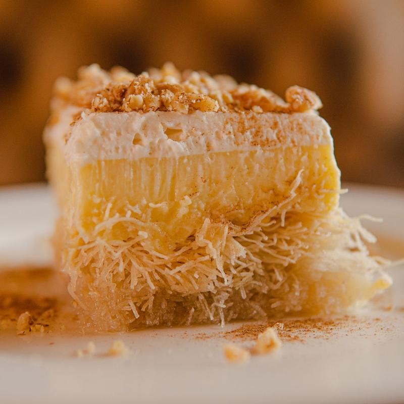 Shredded phyllo pastry with whipped cream and walnuts