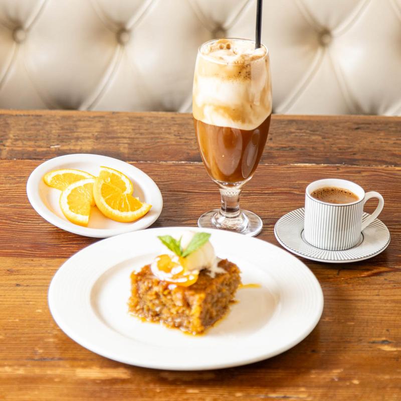 Portokalopita orange pie, frappe pagoto, and Greek coffee