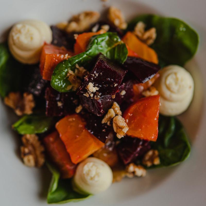 Roasted vegetable salad with walnuts and creamy accompaniments